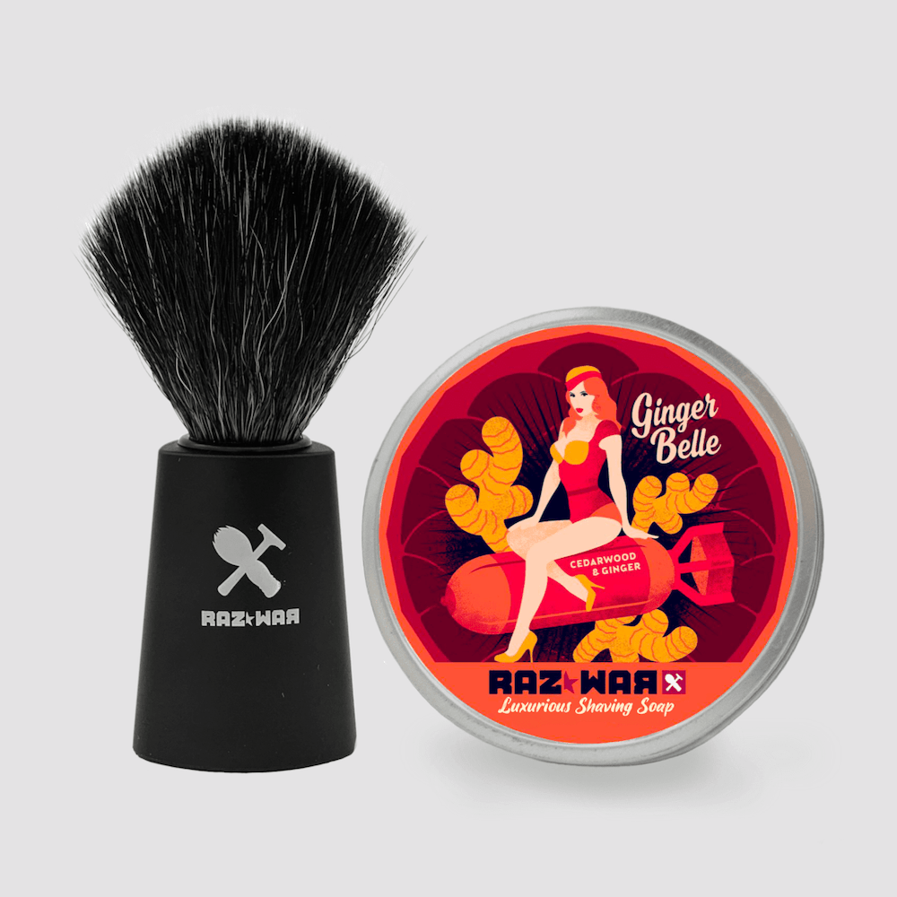 Savon de rasage bio gingembre et bois de cedre et blaireau de rasage en fibres synthetiques